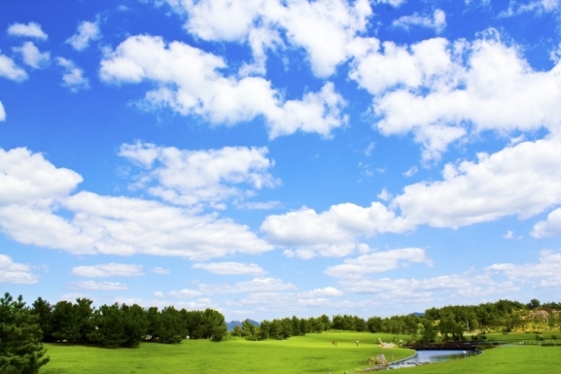 青空に白い雲と緑の草原と木々